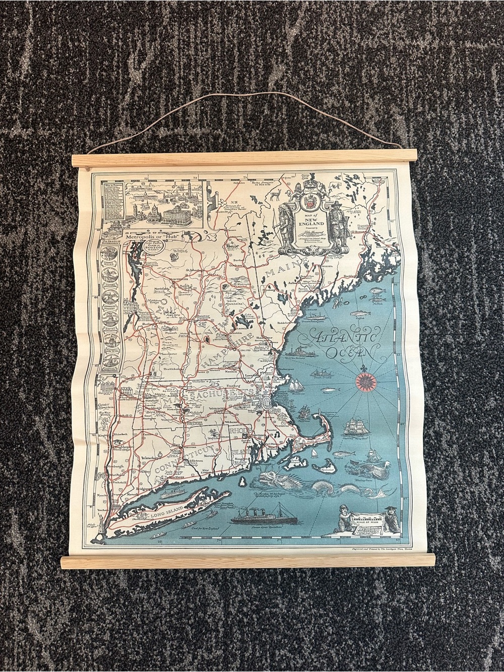 Framed 1928 New England Map Print: Vintage Canvas Wall Art